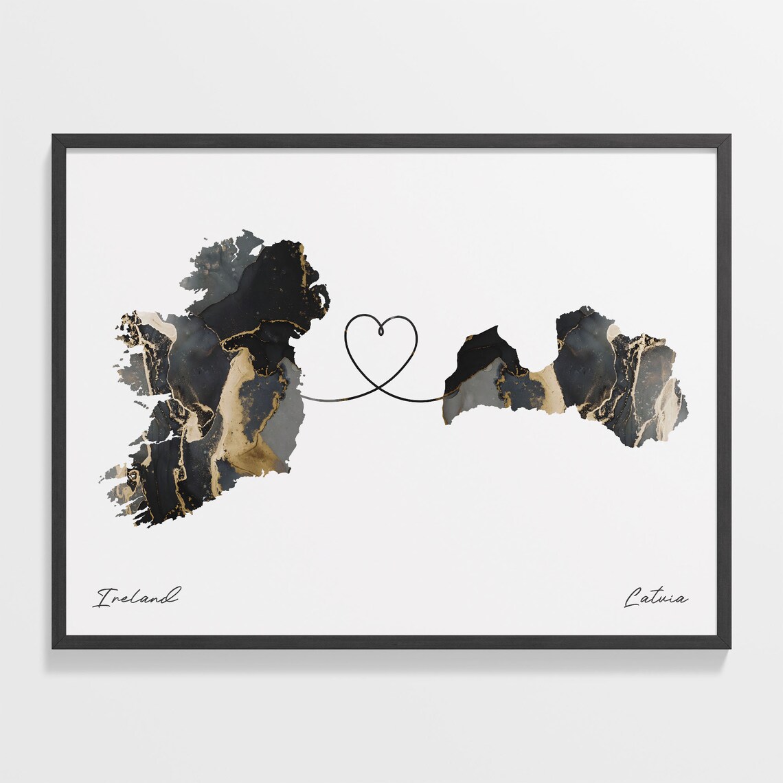 Ireland To Latvia Marble Map Heart Poster Long Distance Love Gift