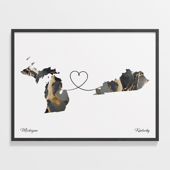Michigan Kentucky Long Distance Black Gold Marble Heart Map Poster