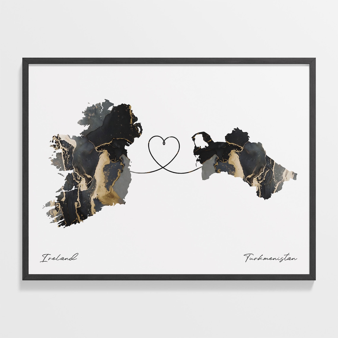 Ireland and Turkmenistan Black and Gold Marble Two Countries Map Poster