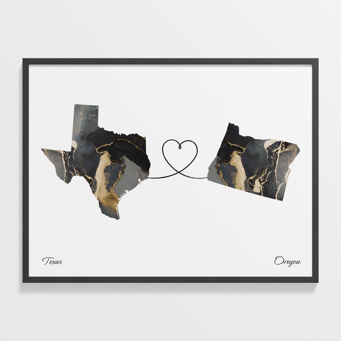 Texas to Oregon Marble Map with Heart Long Distance Love Poster