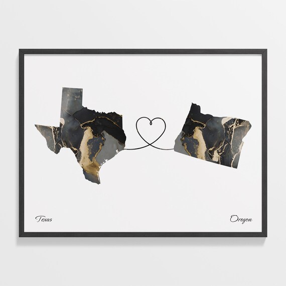 Texas to Oregon Marble Map with Heart Long Distance Love Poster