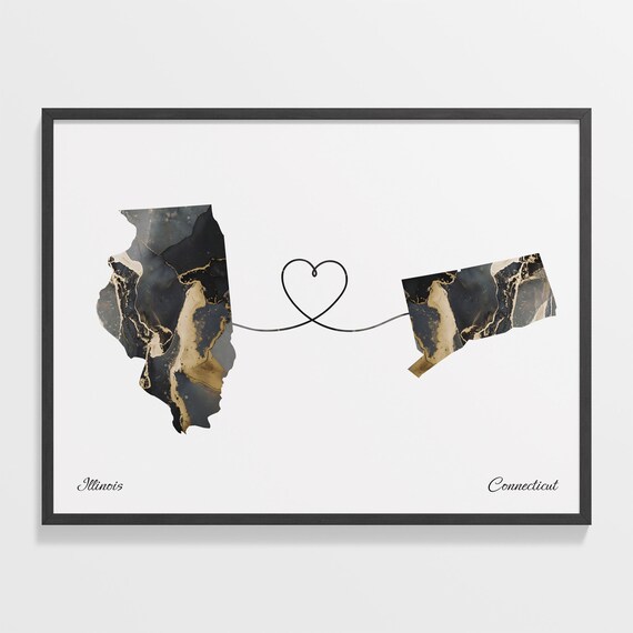 Illinois to Connecticut Black Gold Marble Map Heart Connection Poster