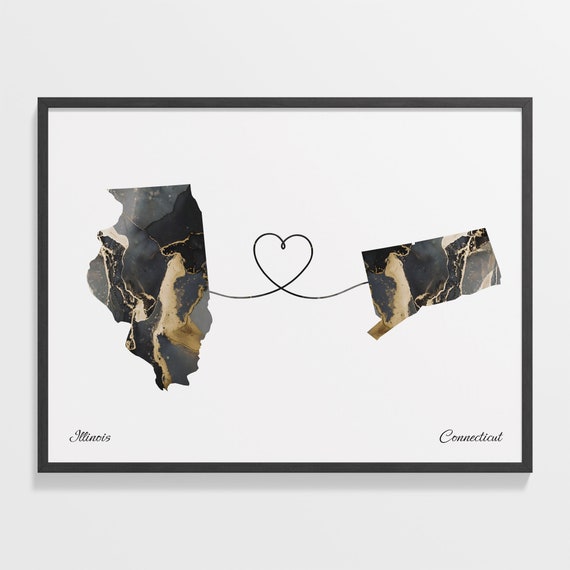 Illinois To Connecticut Print Connecticuter Gift Marble Two Countries Map Poster Travel Art Travel Abroad C22 1461