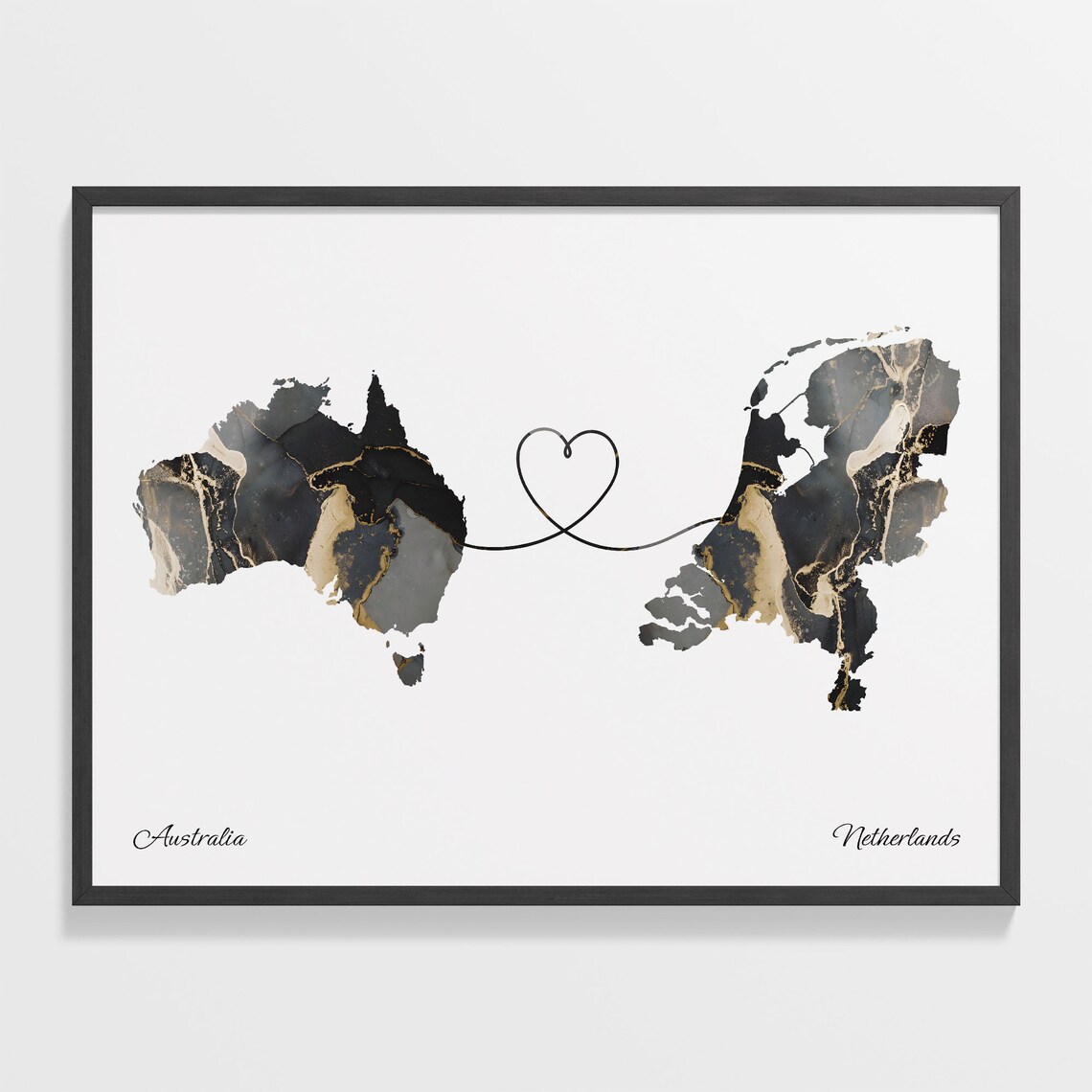Australia To Netherlands Heart Connected Black Marble Country Map Poster