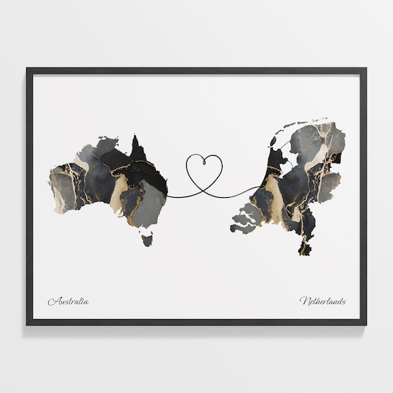 Australia To Netherlands Heart Connected Black Marble Country Map Poster