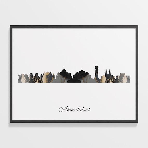 Marble Cityscape Ahmedabad Skyline India Black Gold Elegant Art Poster