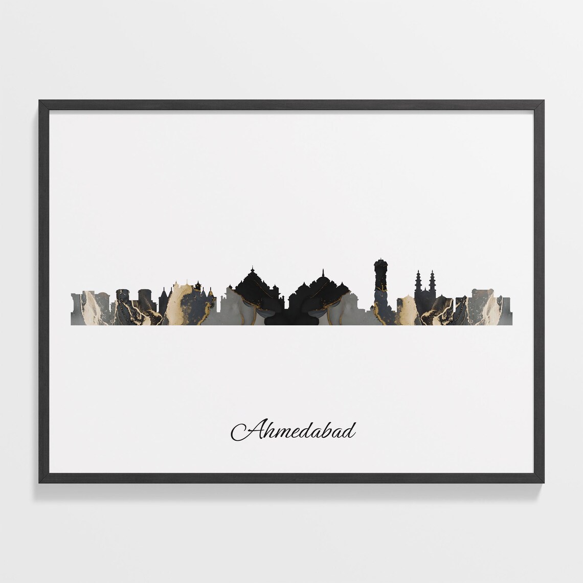 Marble Cityscape Ahmedabad Skyline India Black Gold Elegant Art Poster