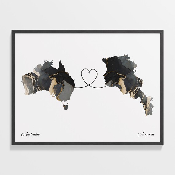 Australia To Armenia Marble Heart Map Two Country Long Distance Gift Poster