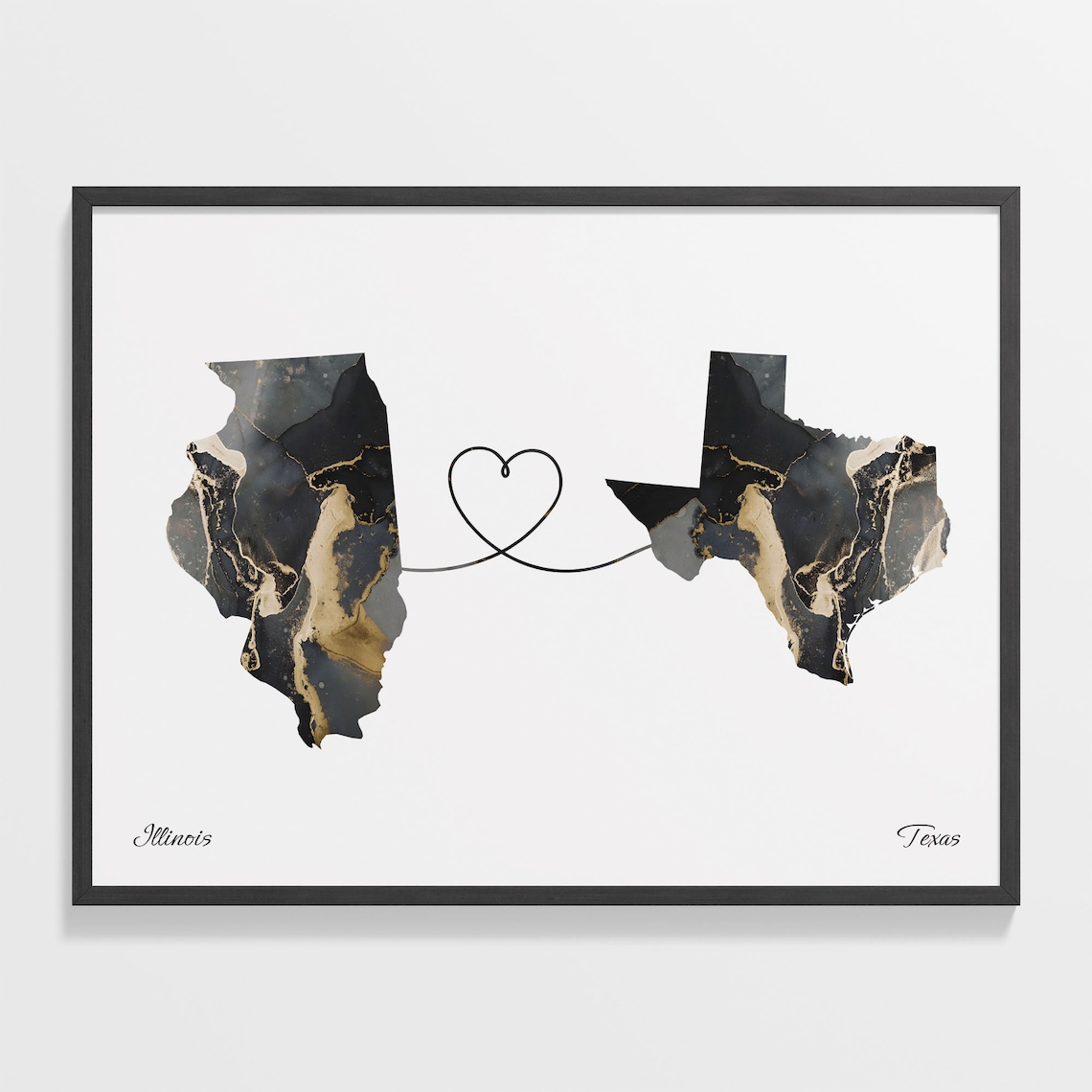 Illinois to Texas Black Gold Marble Map Heart Connection Poster