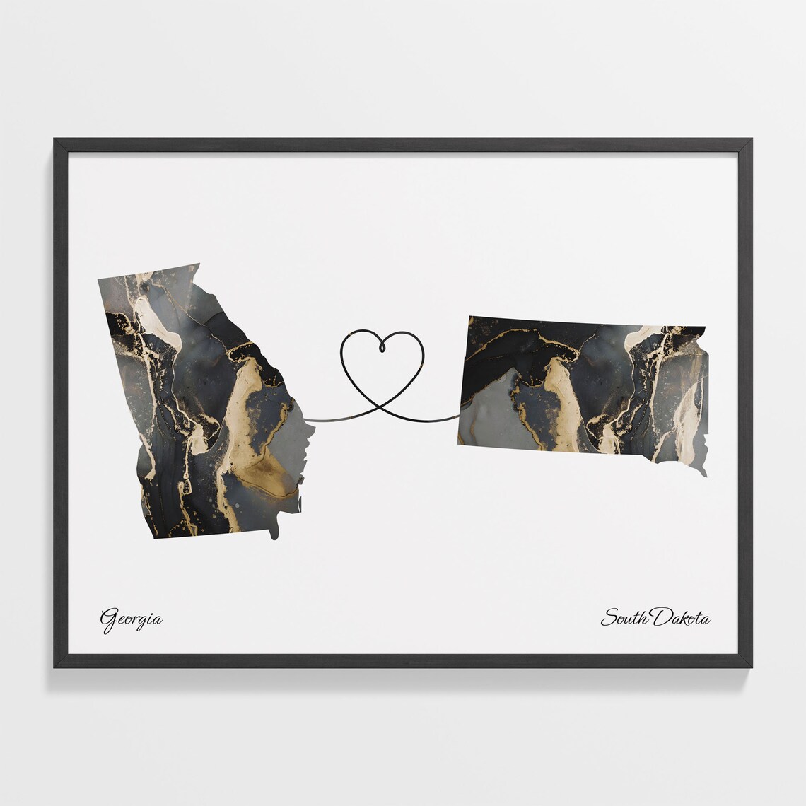 Georgia to South Dakota Black Marble State Map Long Distance Love Poster