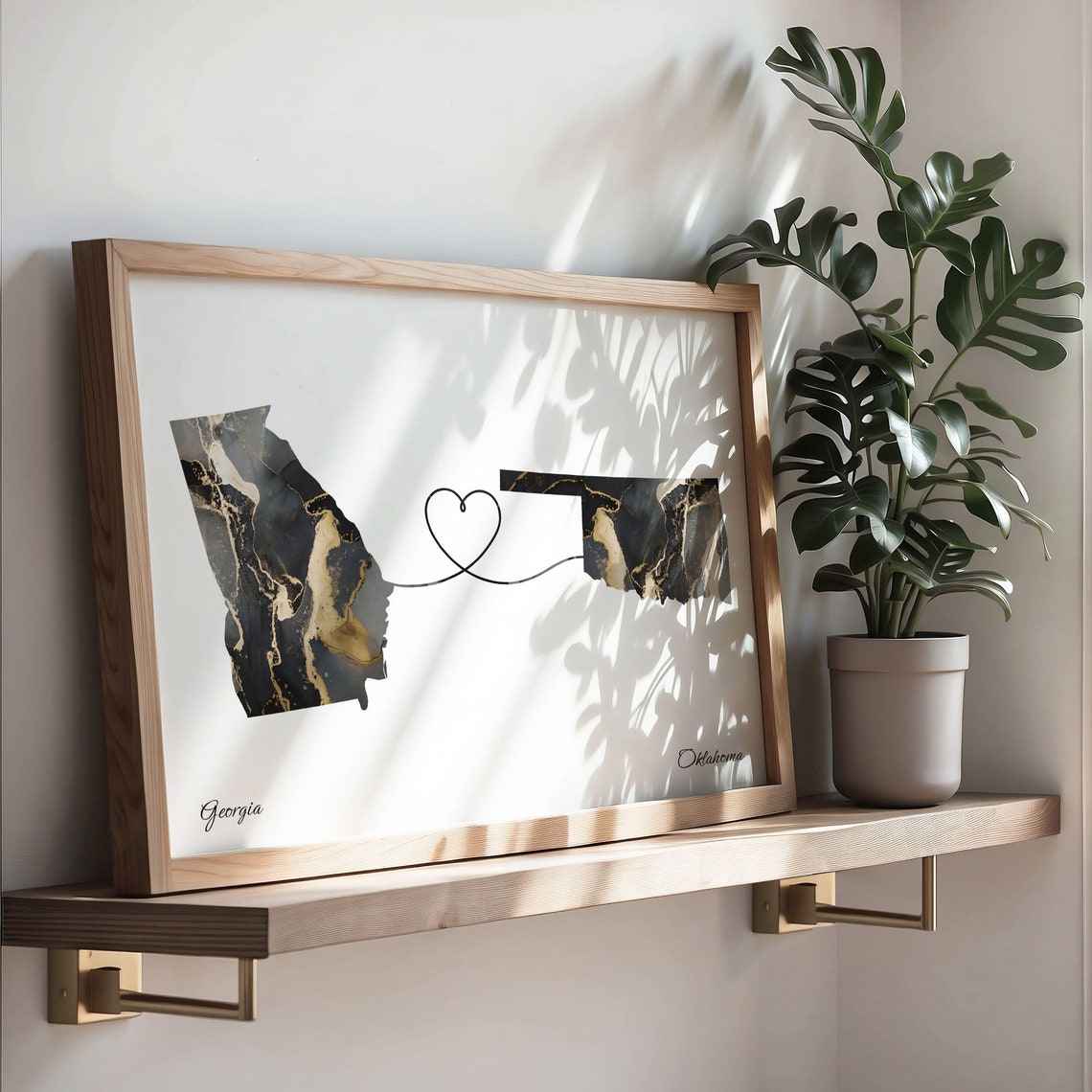 Georgia Oklahoma Long Distance Love Black Gold Marble Map Poster - Image 3