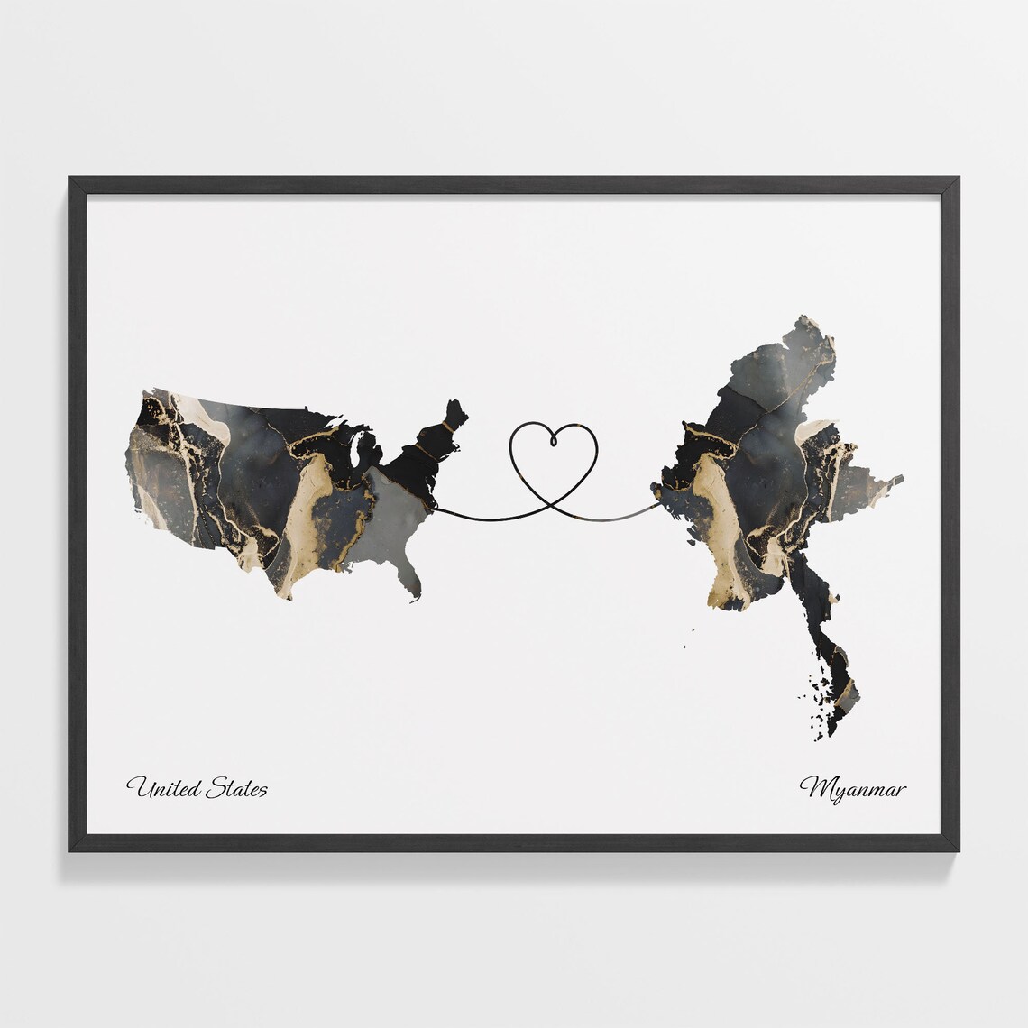 United States and Myanmar Two Countries Black Gold Marble Map Poster