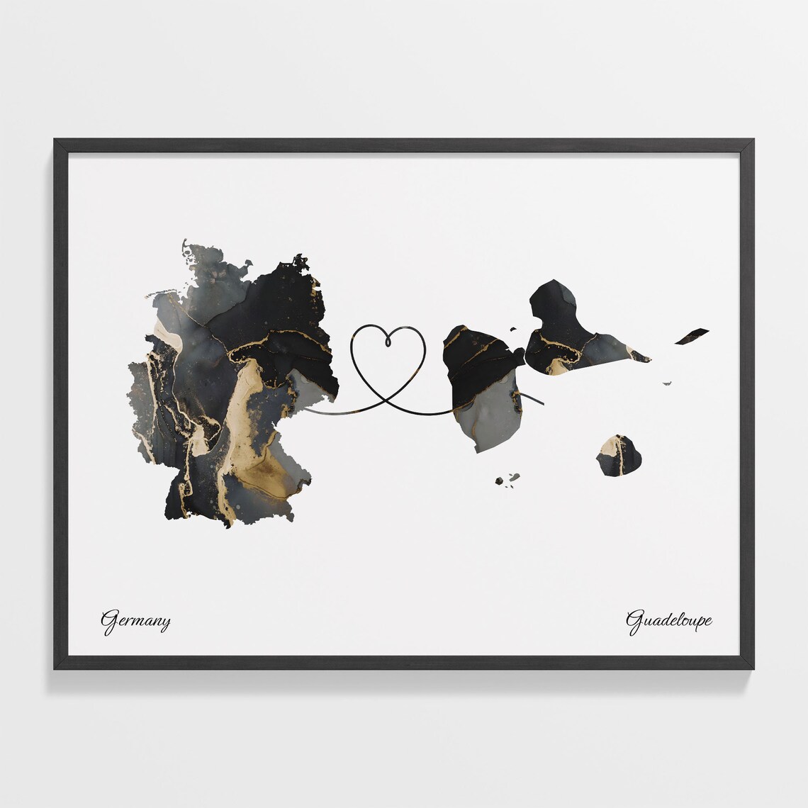 Germany to Guadeloupe Marble Heart Map Print Long Distance Relationship Gift