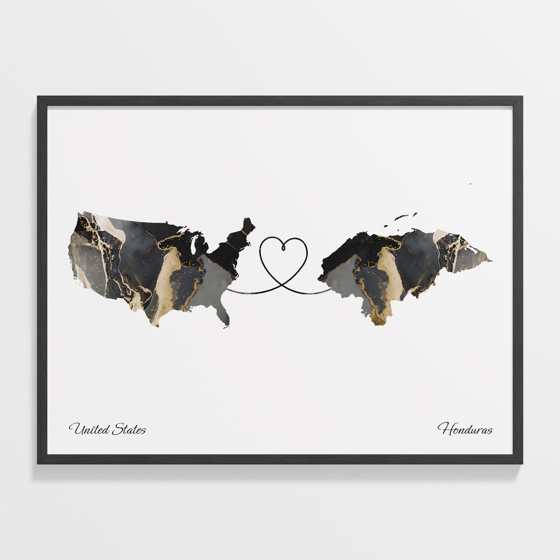 USA to Honduras Map Poster, Two Countries Travel Art