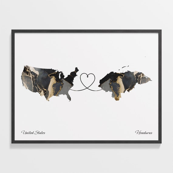 USA to Honduras Map Poster, Two Countries Travel Art