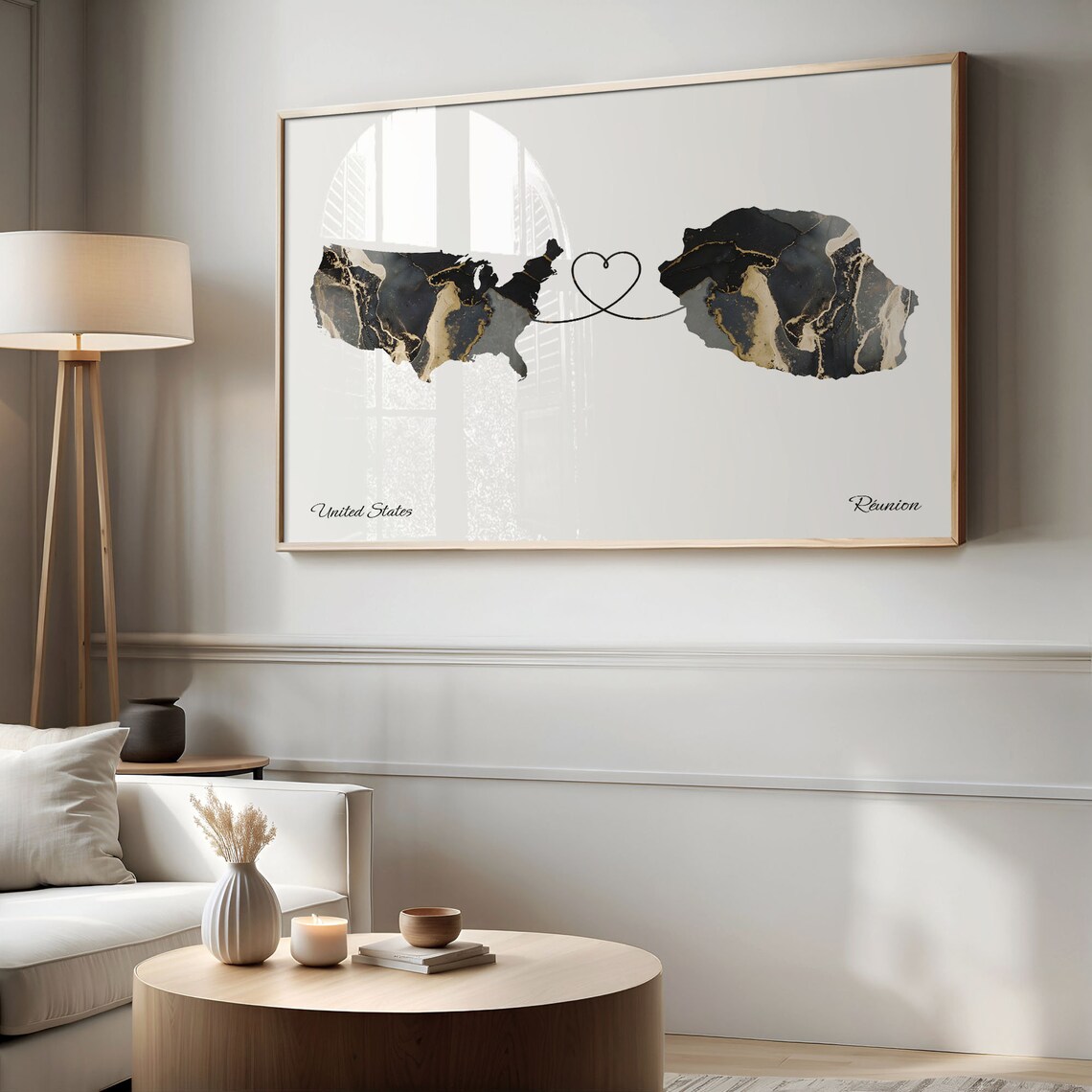United States to Reunion Marble Heart Map Print Long Distance Couple Gift - Image 2