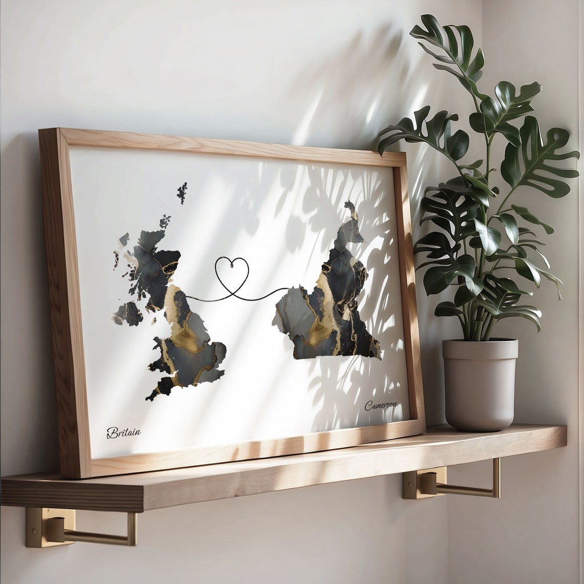Britain to Cameroon Heart Connected Long Distance Marble Map Poster - Image 3
