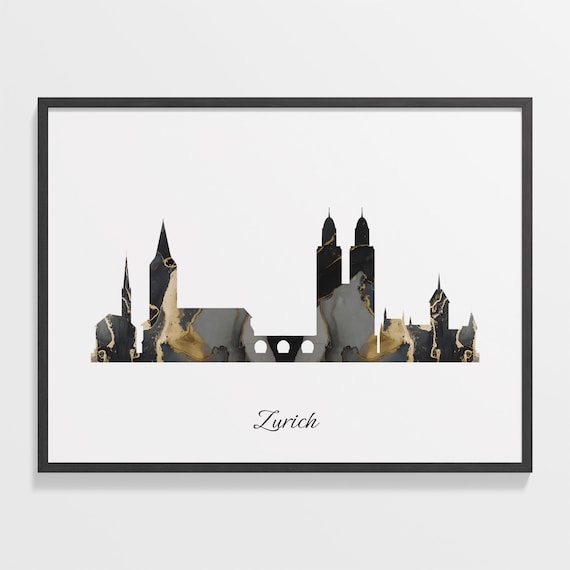 Zurich Skyline Black Gold Marble Cityscape Switzerland Travel Decor Poster