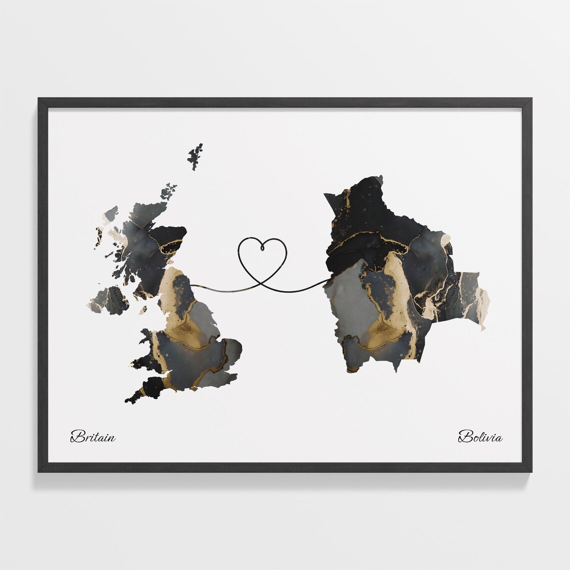 Britain to Bolivia Heart Connected Long Distance Marble Map Poster