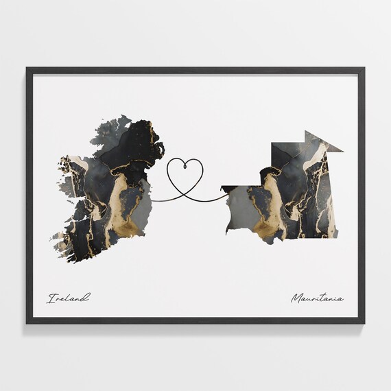 Ireland To Mauritania Modern Marble Effect Two Country Heart Map Poster