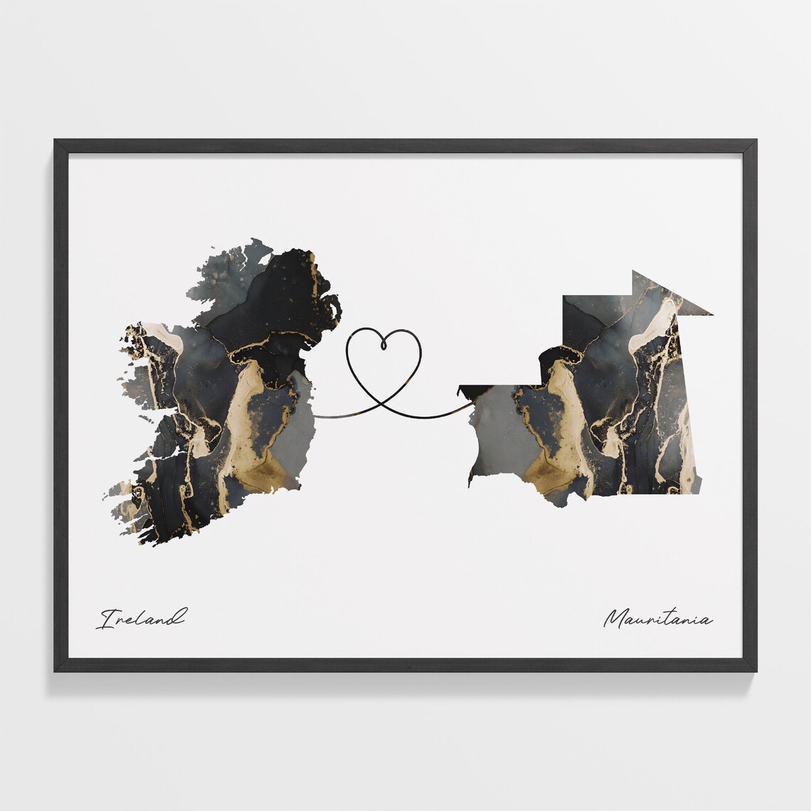 Ireland To Mauritania Modern Marble Effect Two Country Heart Map Poster