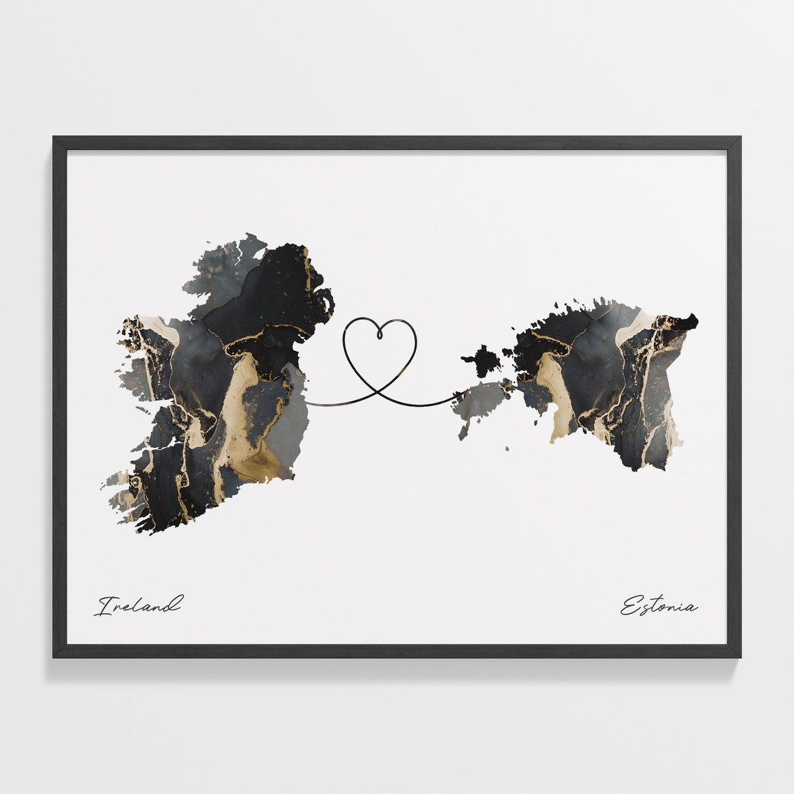 Ireland and Estonia Black Gold Marble Map Heart Connection Poster