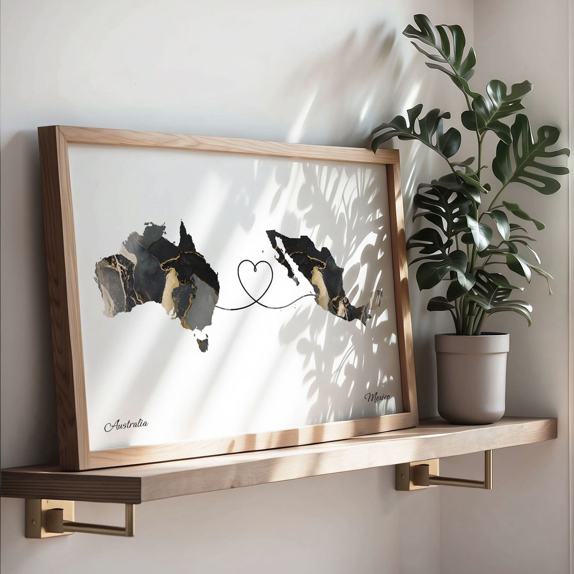 Australia Mexico Long Distance Love Black Marble Heart Map Poster - Image 3
