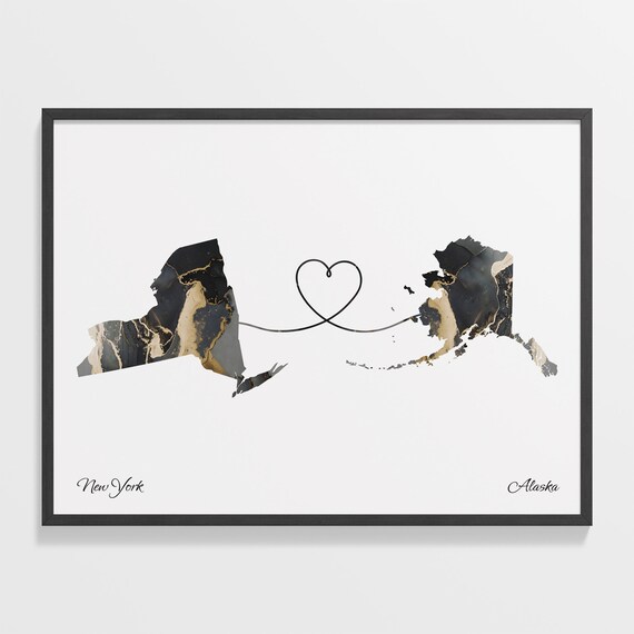 New York to Alaska Marble State Map Heart Long Distance Connection Poster