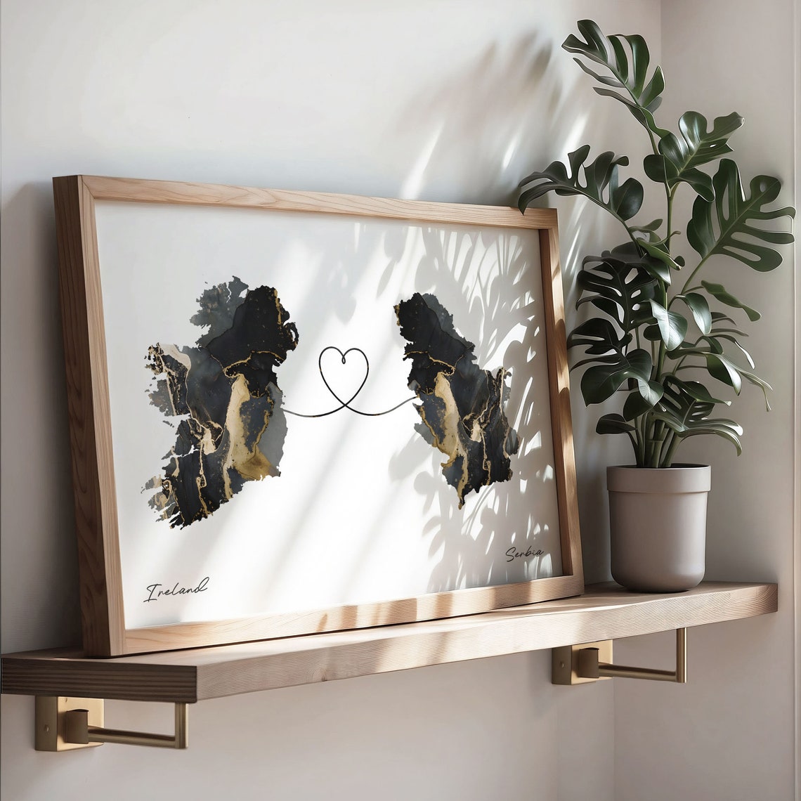 Ireland and Serbia Black and Gold Marble Two Countries Map Poster - Image 3