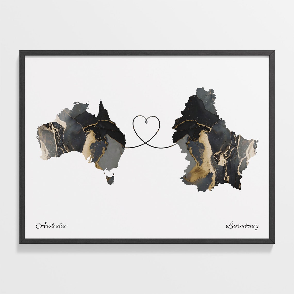Australia to Luxembourg Black Gold Marble Heart Connection Map Poster