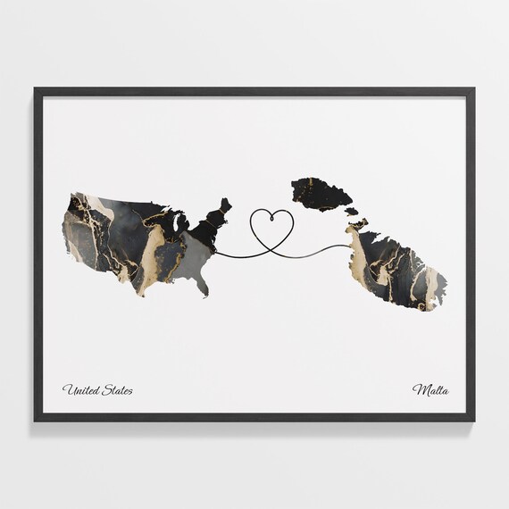 United States and Malta Black Marble Heart Connection Map Poster