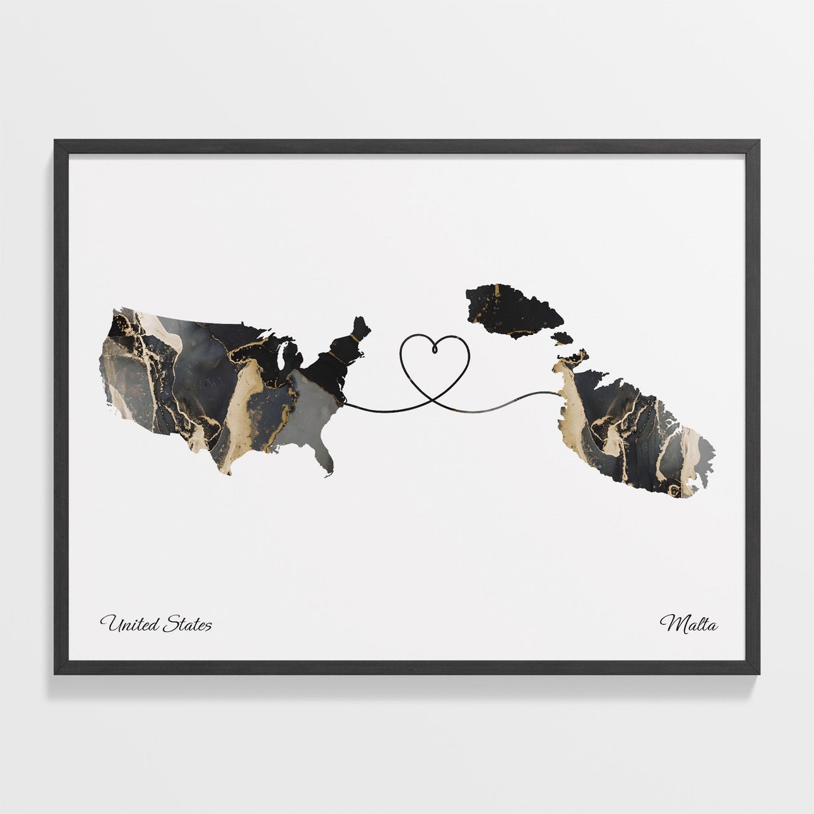 United States and Malta Black Marble Heart Connection Map Poster