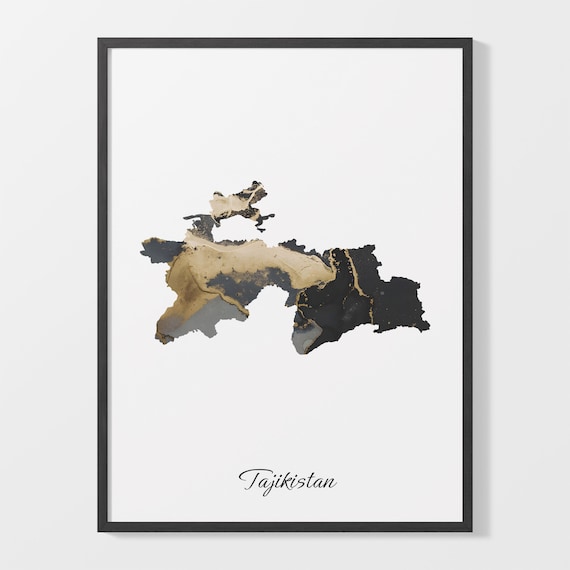 Tajikistan Black and Gold Marble Country Map Silhouette Minimalist Poster