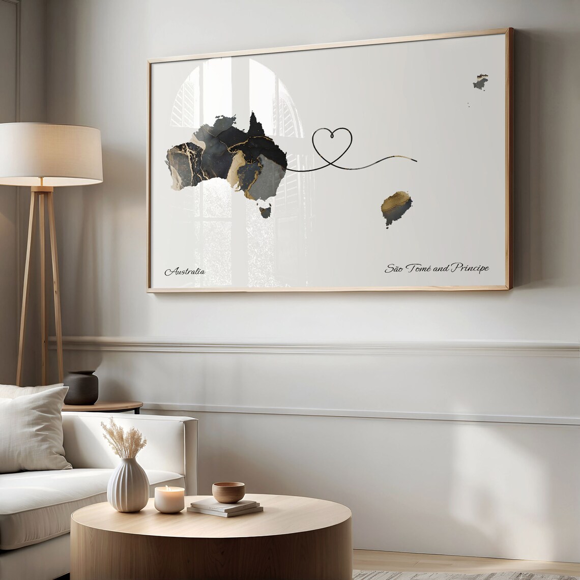 Australia São Tomé and Príncipe Long Distance Love Heart Marble Map Gift Poster - Image 2