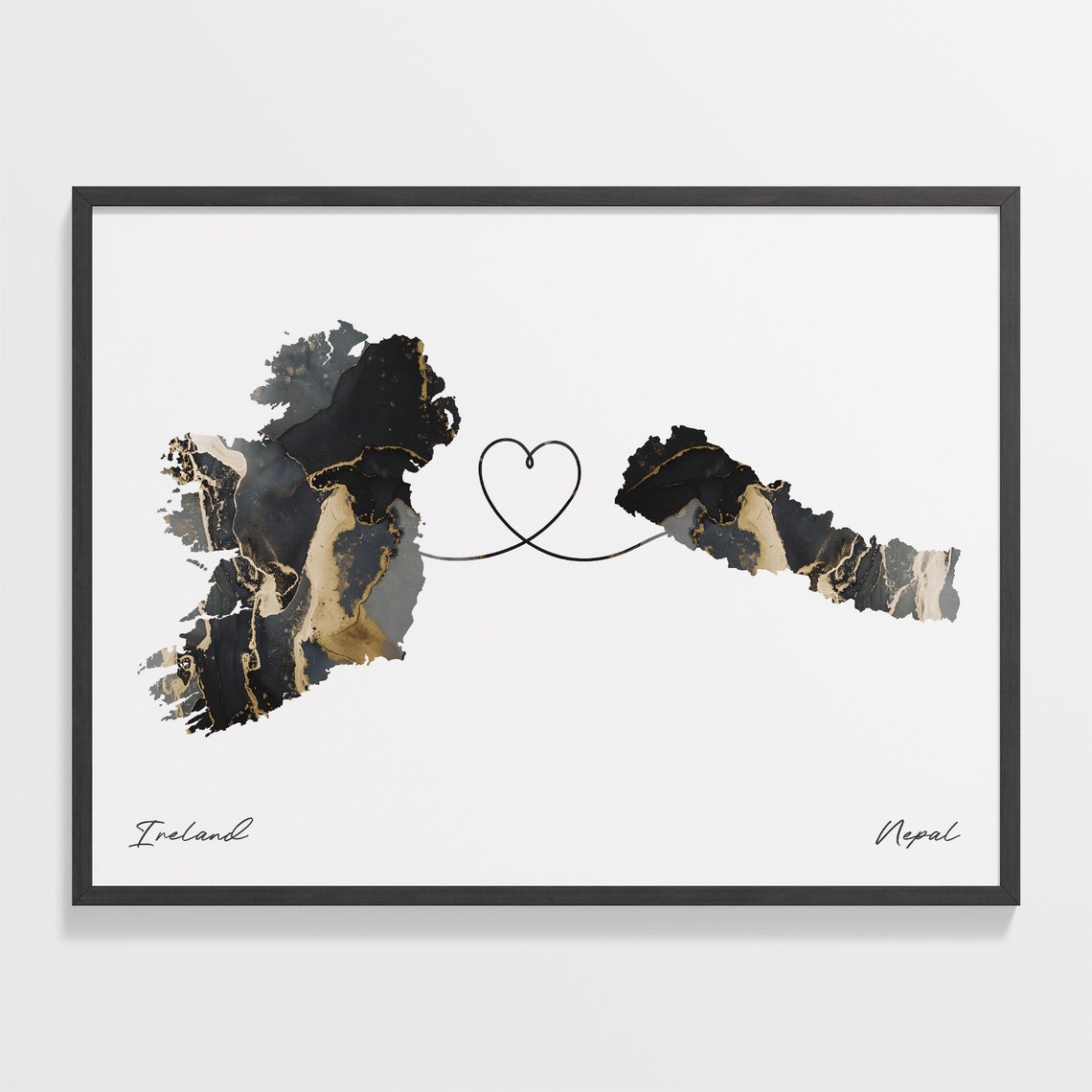 Ireland To Nepal Modern Marble Effect Two Country Heart Map Poster