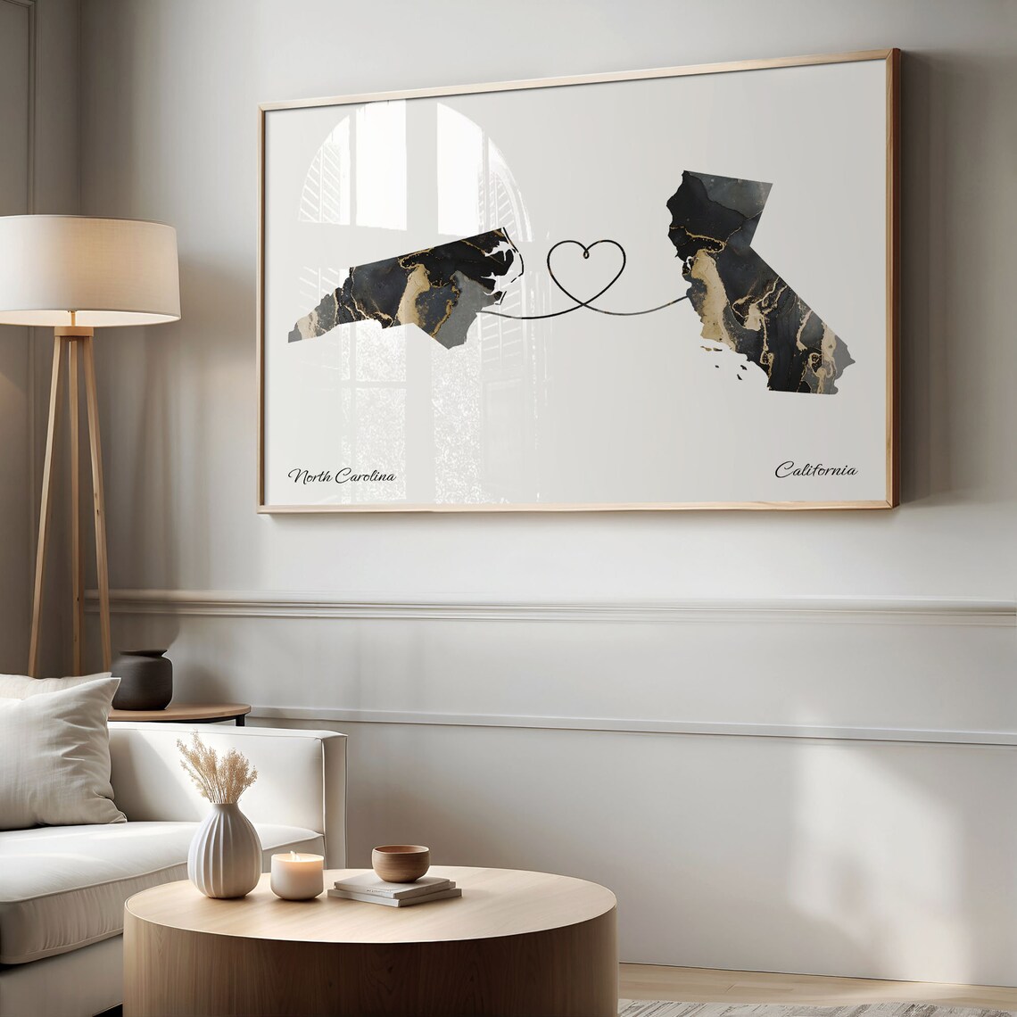 North Carolina California Long Distance Love Black Gold Marble Map Poster - Image 2
