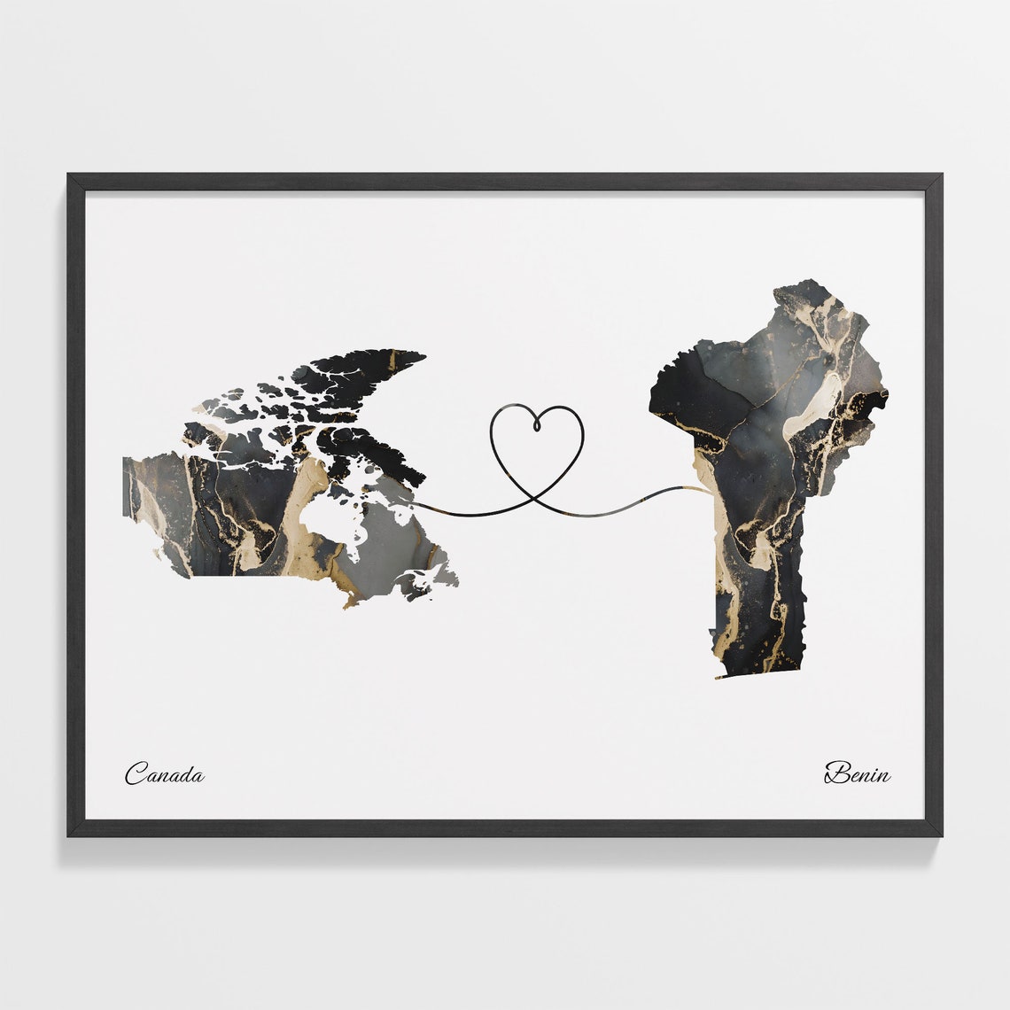 Canada to Benin Black Gold Marble Heart Connection Map Poster