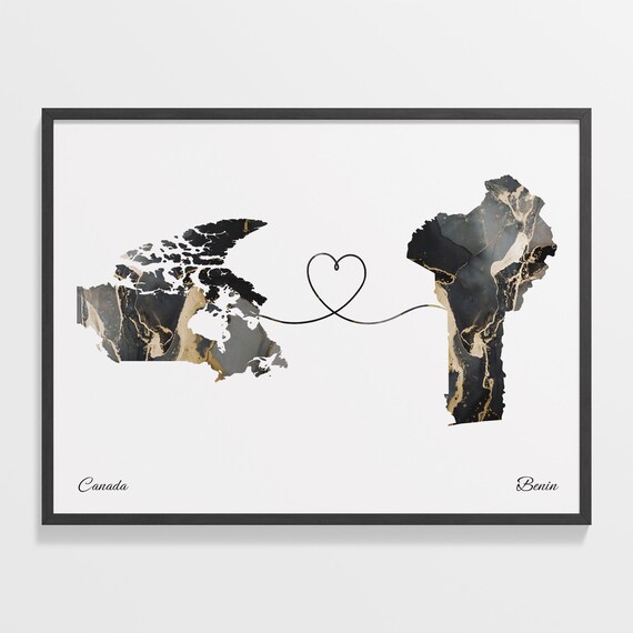 Canada to Benin Black Gold Marble Heart Connection Map Poster