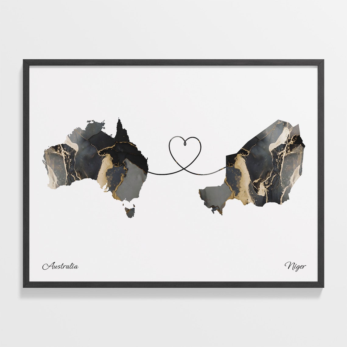 Australia Niger Long Distance Love Black Marble Heart Map Poster
