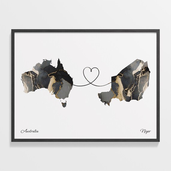 Australia Niger Long Distance Love Black Marble Heart Map Poster