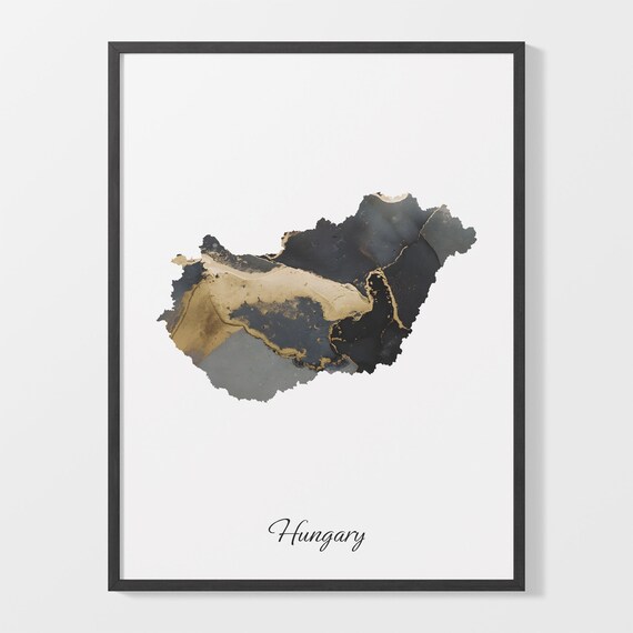 Hungary Elegant Black Gold Marble Country Map Home Decor Art Poster