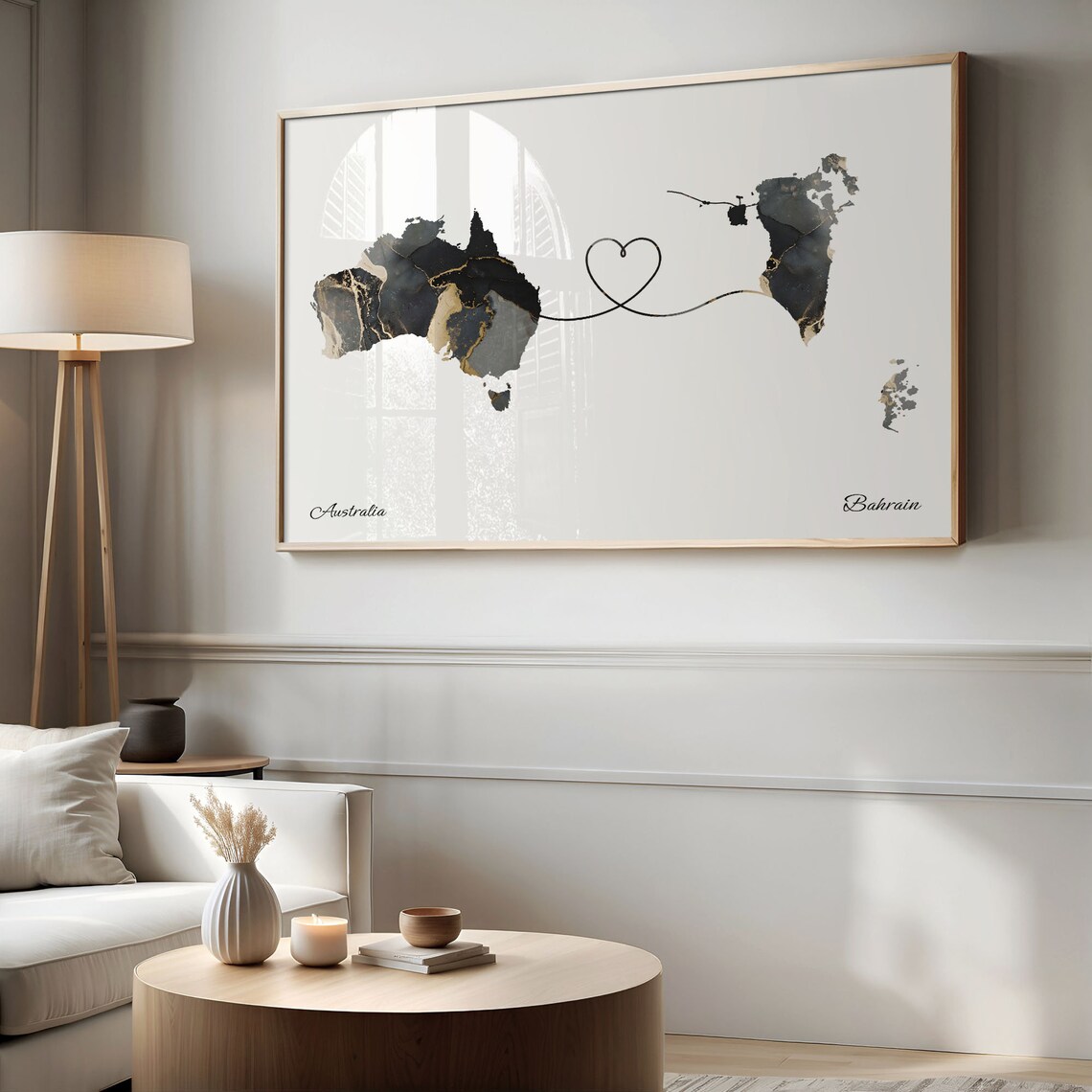 Australia to Bahrain Black and Gold Marble Two Country Map Poster - Image 2