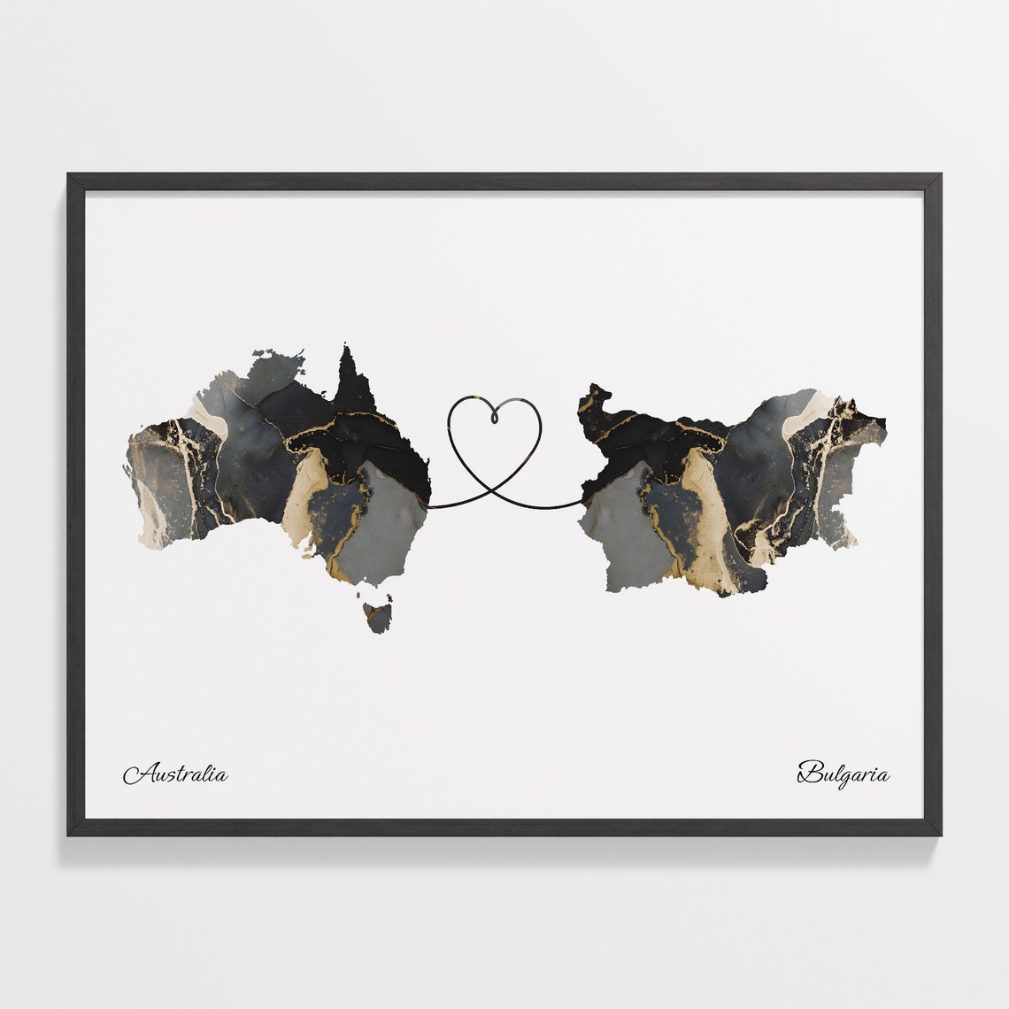 Australia and Bulgaria Black Marble Heart Connection Map Poster