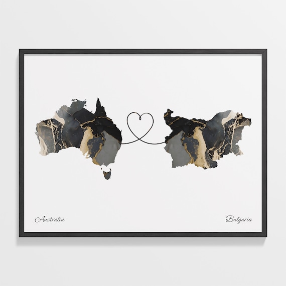 Australia and Bulgaria Black Marble Heart Connection Map Poster