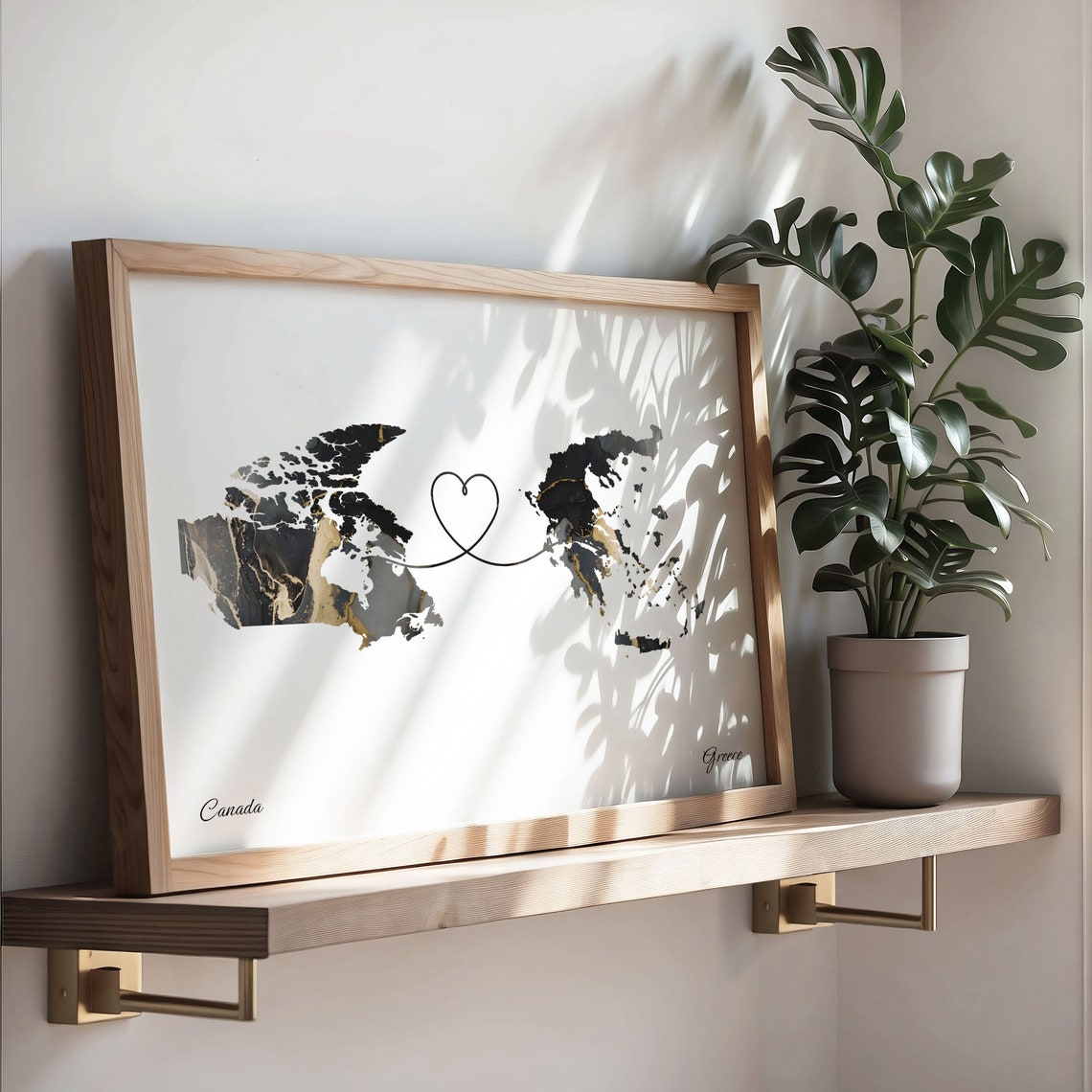Canada to Greece Black Gold Marble Heart Connection Map Poster - Image 3