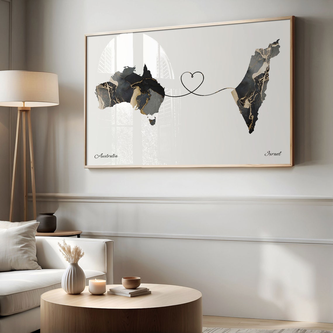 Australia and Israel Black Marble Heart Connection Map Poster - Image 2