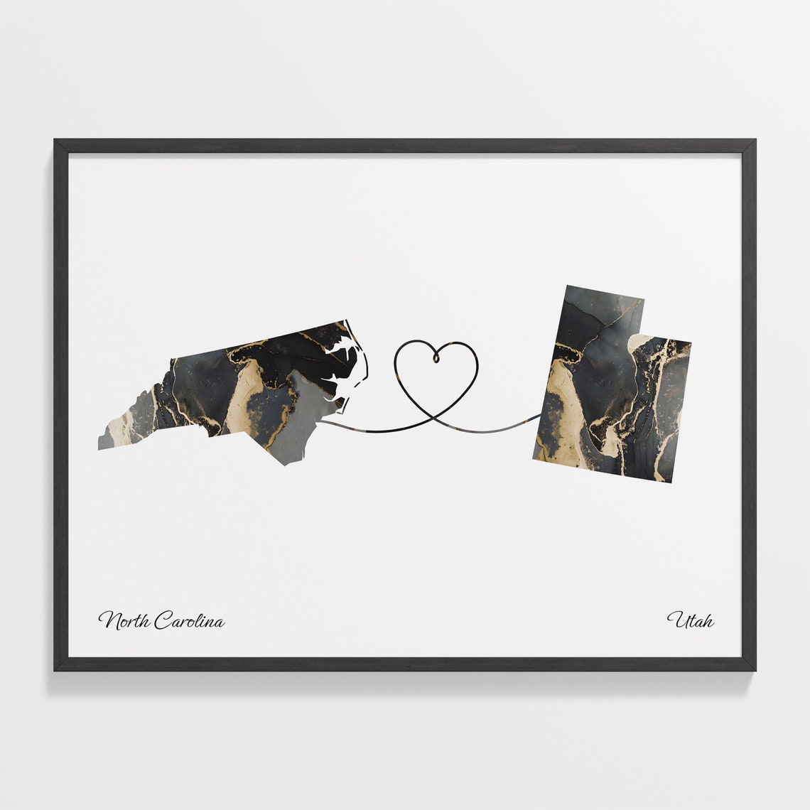 North Carolina to Utah Marble State Map Heart Love Gift Poster