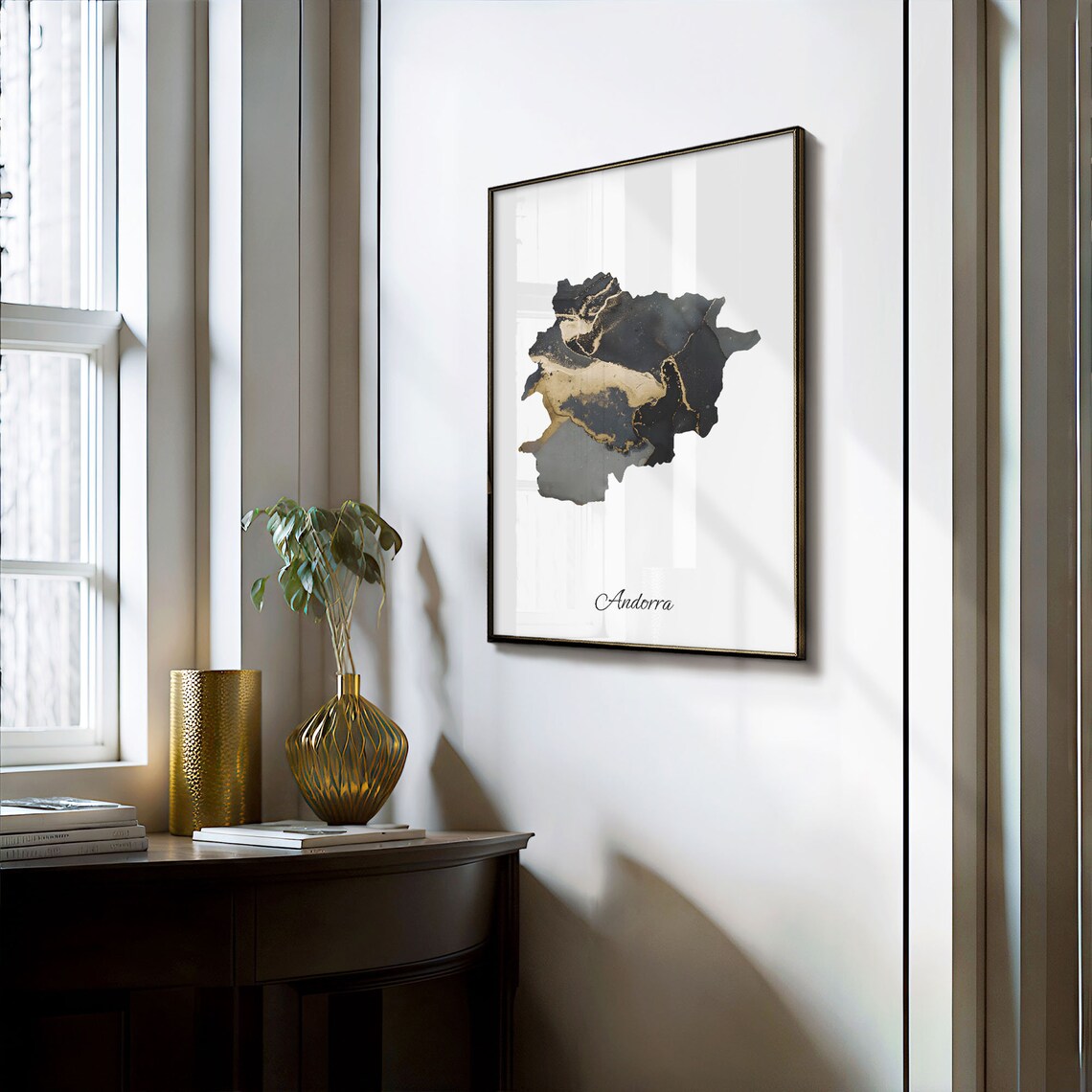 Andorra Black and Gold Marble Silhouette Country Map Art Poster - Image 3