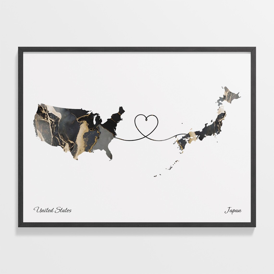 United States Japan Marble Map Two Countries Heart Line Gift Poster