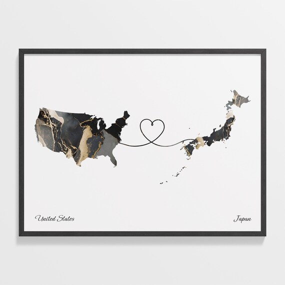United States Japan Marble Map Two Countries Heart Line Gift Poster